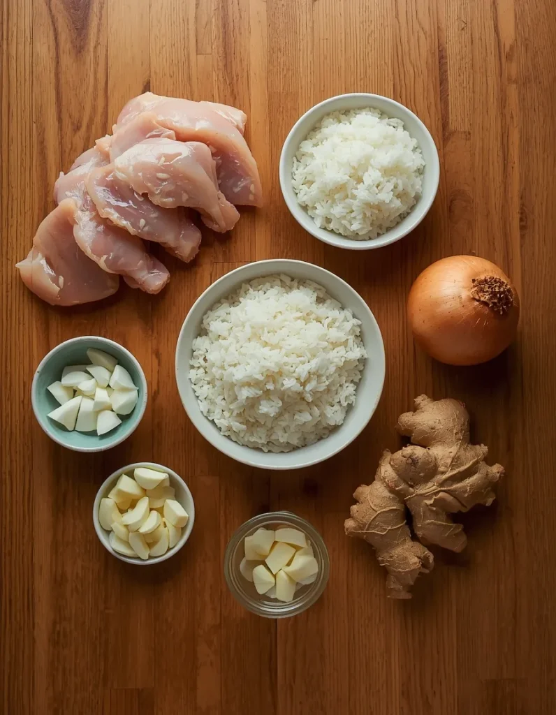 Ingredients for coconut chicken rice including chicken, rice, coconut milk, and aromatics.