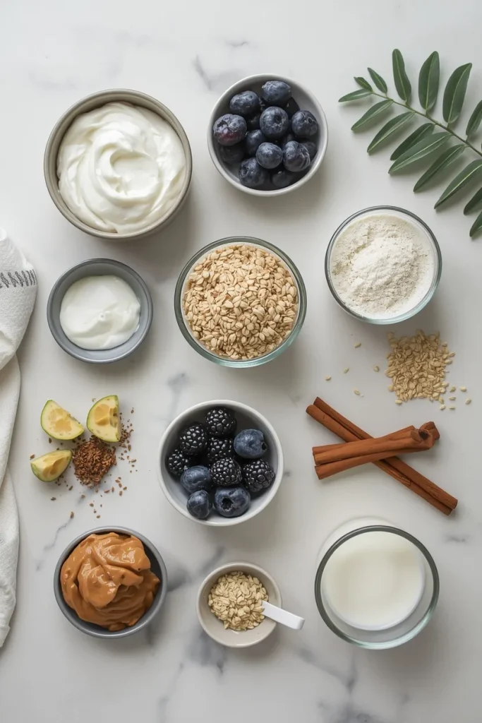 Ingredients for high-protein overnight oats including Greek yogurt, oats, milk, chia seeds, peanut butter, and berries