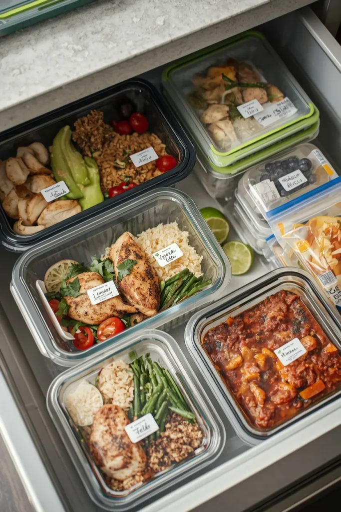 Labeled freezer meal containers organized for healthy meal prep