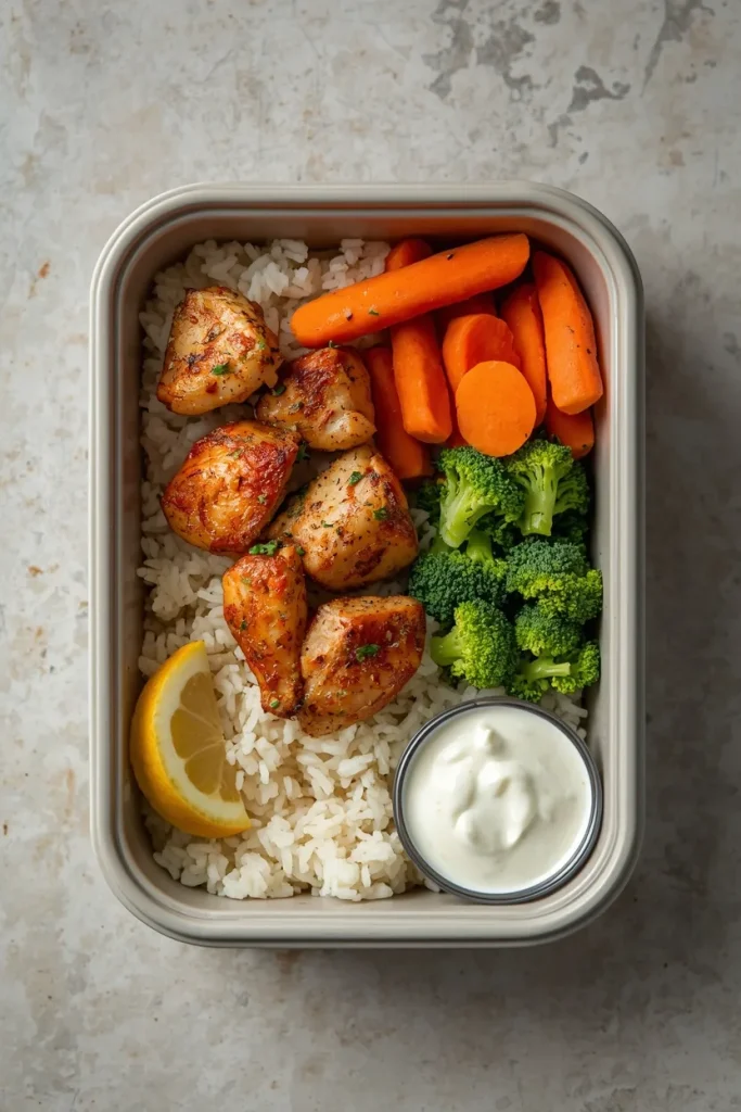 Lemon-herb chicken and rice meal prep bowl with broccoli, carrots, and a light yogurt sauce.