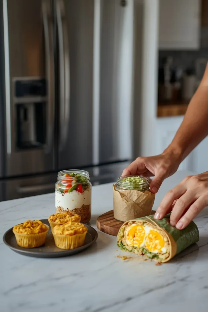 Make-ahead protein breakfasts including overnight oats, vegetable egg muffins, and a prepared egg and cheese burrito.