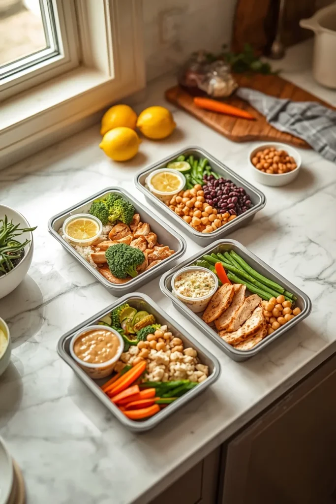 Meal prep containers filled with chicken, turkey, tofu, rice, beans, and vegetables for easy weekday lunches.