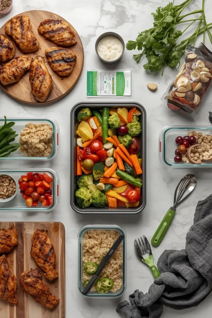 Meal prep ingredients and containers arranged for healthy freezer meals