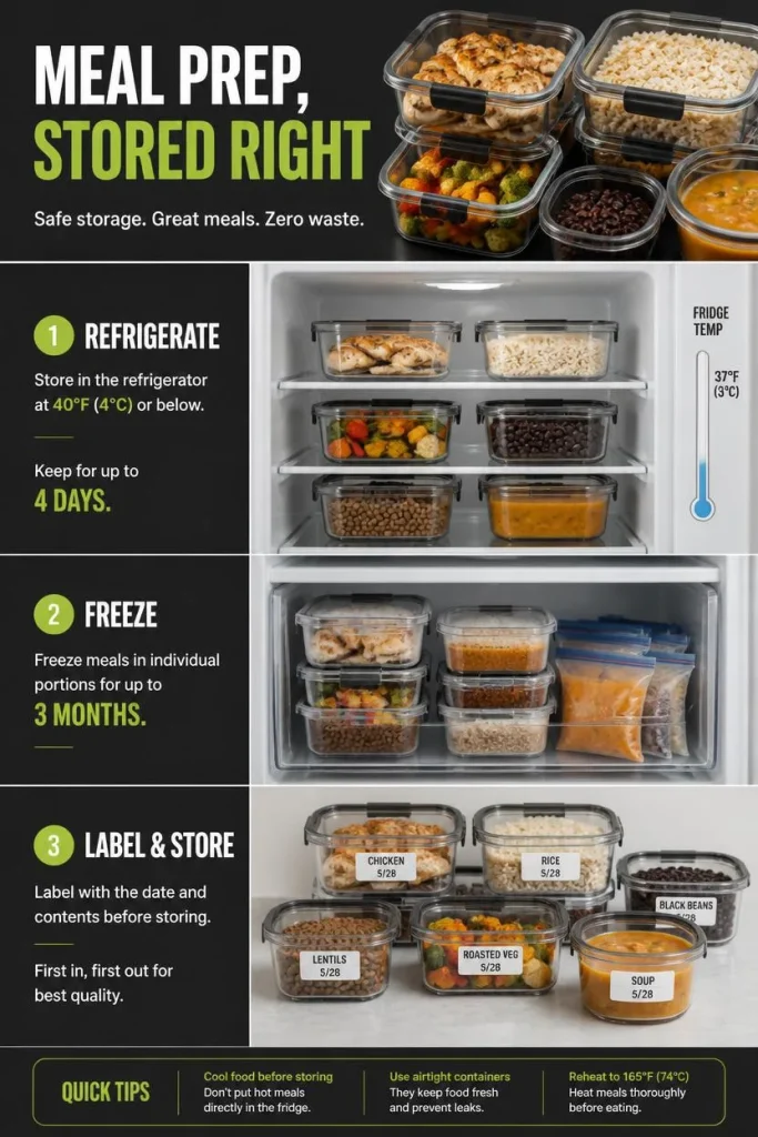 Meal-prep storage infographic showing labeled containers organized in a refrigerator and freezer for safe food storage.