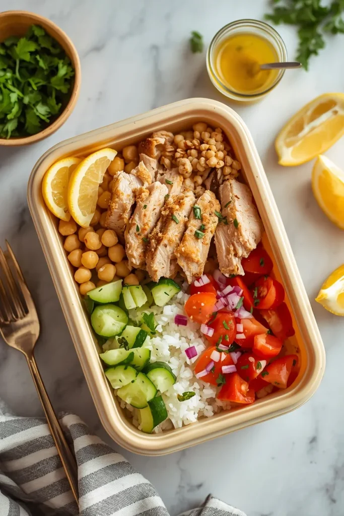 Mediterranean tuna and chickpea bowl with rice, cucumber, tomato, red onion, and lemon dressing.