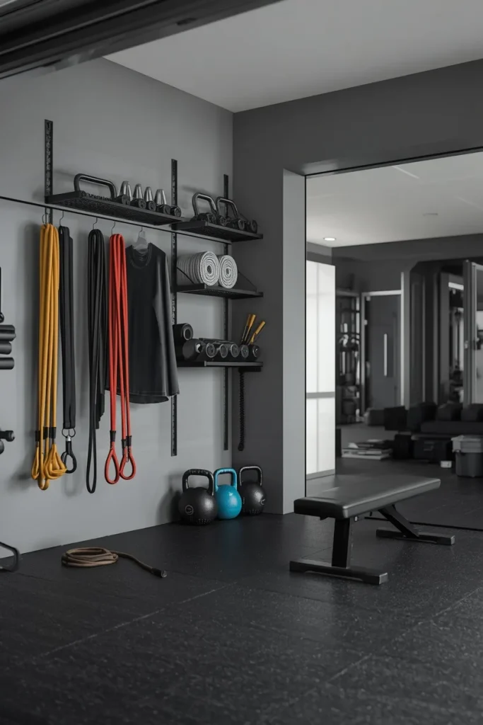 Organized garage gym with wall-mounted storage, dumbbells, resistance bands, exercise mats, and clear floor space