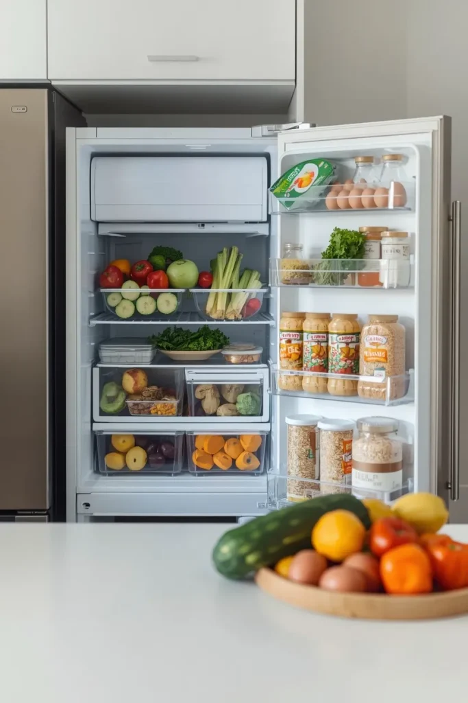 Organized kitchen reset with healthy foods and meal-prep essentials