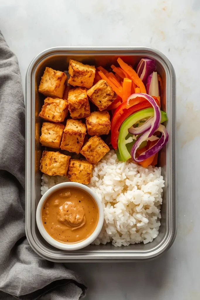 Peanut-garlic tofu meal prep bowl with golden tofu cubes, rice, colorful vegetables, and peanut sauce.