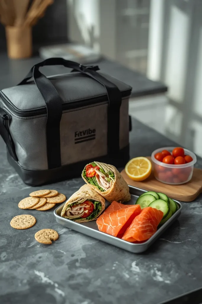 Portable turkey wrap and salmon cucumber lunch