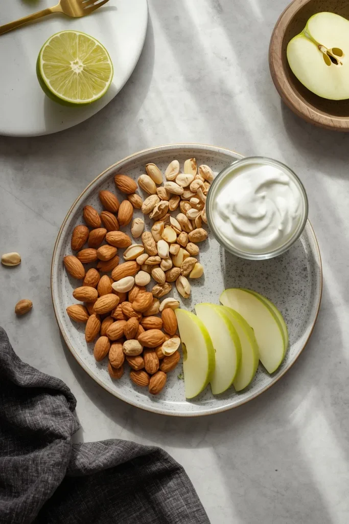 Portion of mixed nuts served with apple and Greek yogurt