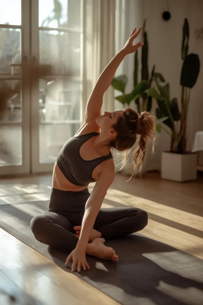 Post-workout cool-down stretching at home after a full body workout session.