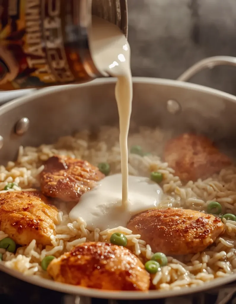 Pouring coconut milk into a skillet with chicken and rice for a one-pan dinner.