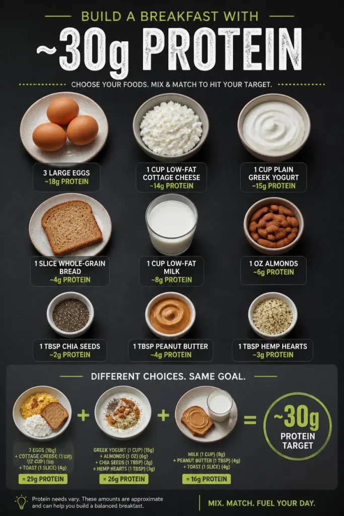 Protein portion guide showing eggs, Greek yogurt, cottage cheese, milk, bread, almonds, chia, peanut butter, and hemp hearts.
