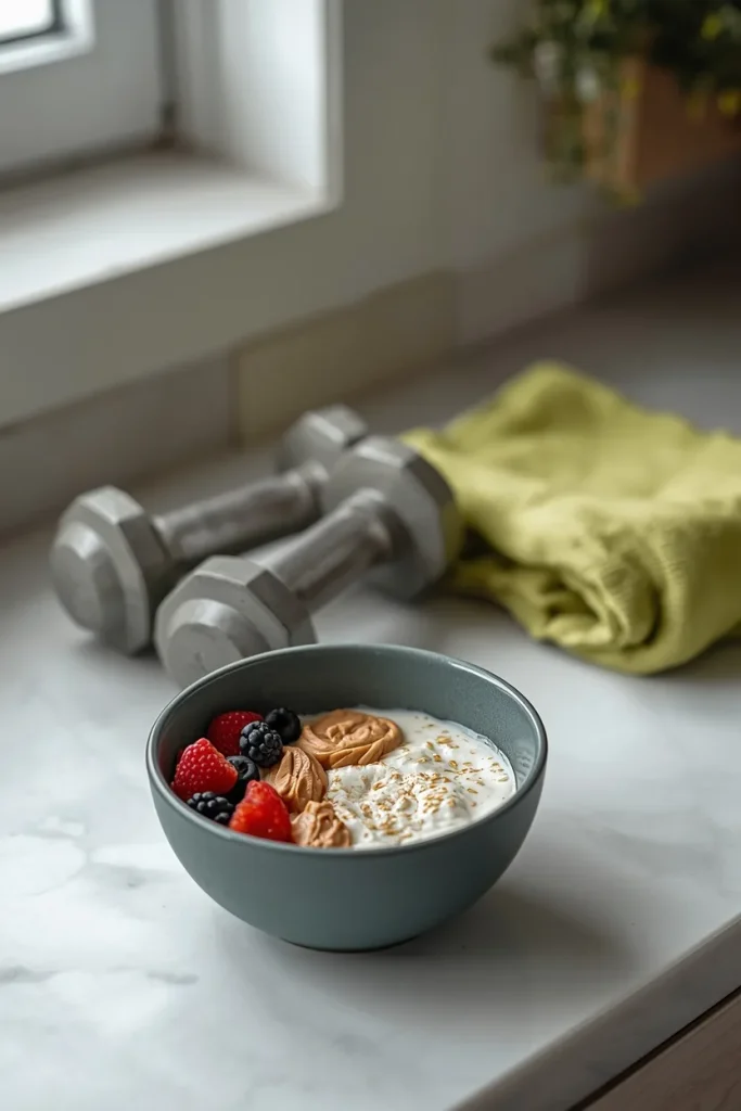 Protein-rich breakfast prepared alongside dumbbells for a strength-training routine