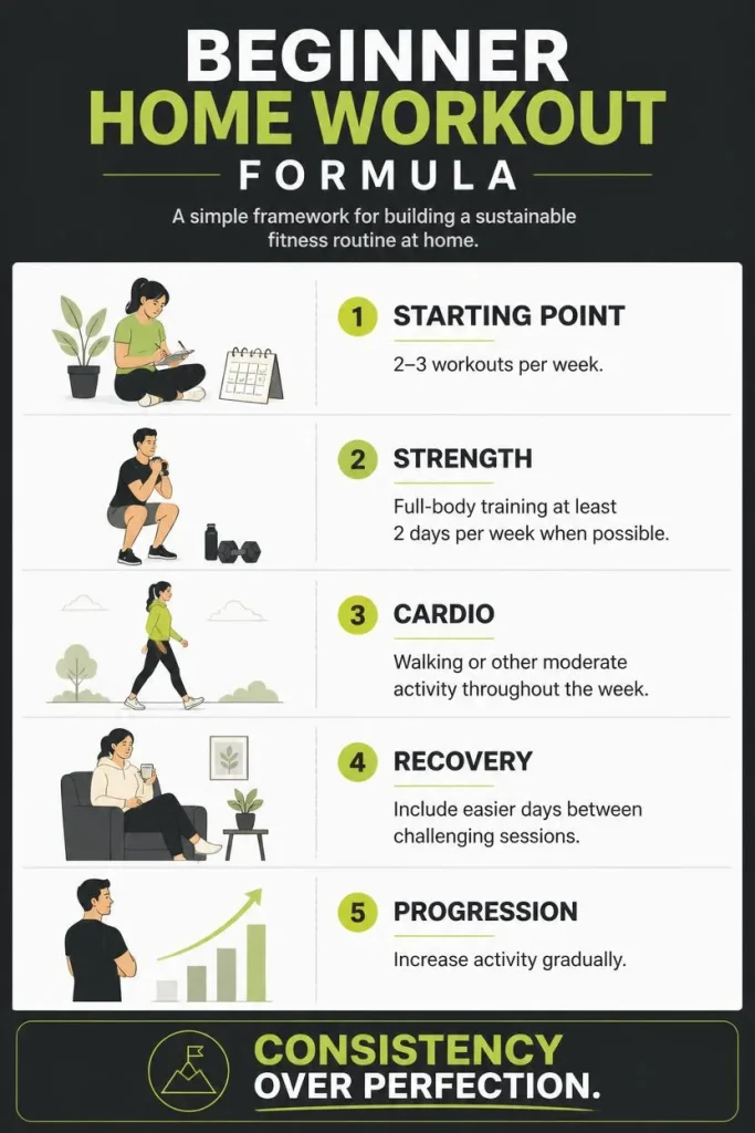 Quick-reference infographic summarizing the beginner home workout formula with frequency, strength, cardio, recovery, and progression.