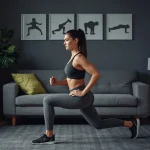 Realistic beginner performing a bodyweight squat at home during a no-equipment workout, with subtle progression exercise silhouettes -feature