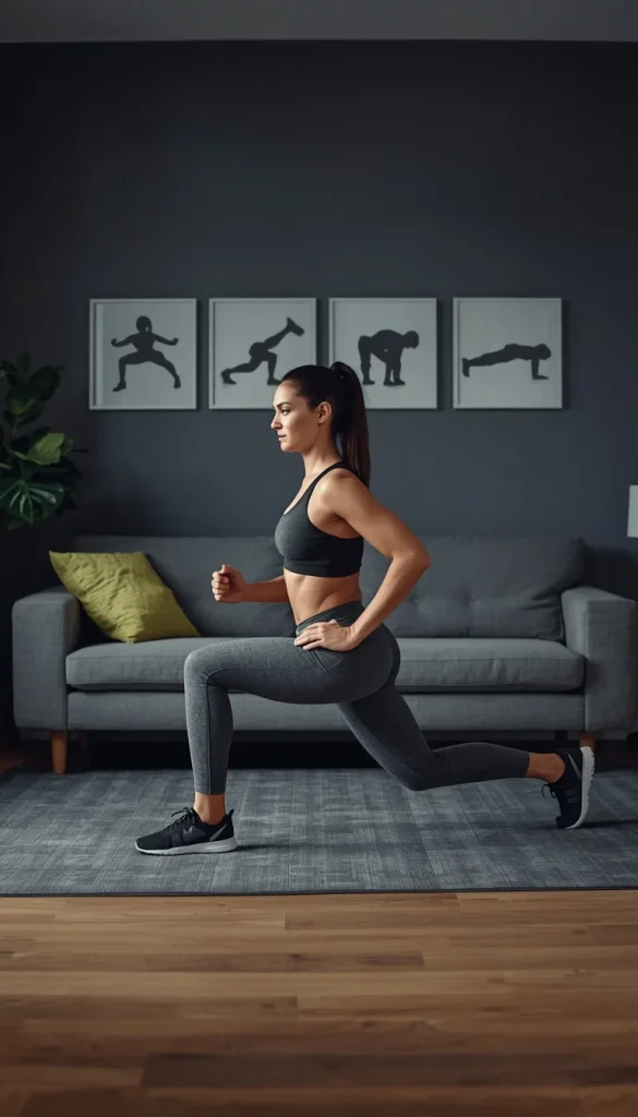Realistic beginner performing a bodyweight squat at home during a no-equipment workout, with subtle progression exercise silhouettes -feature
