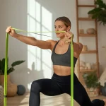 Realistic beginner using a long resistance band in a bright, modern home environment, with several band types subtly arranged nearby.