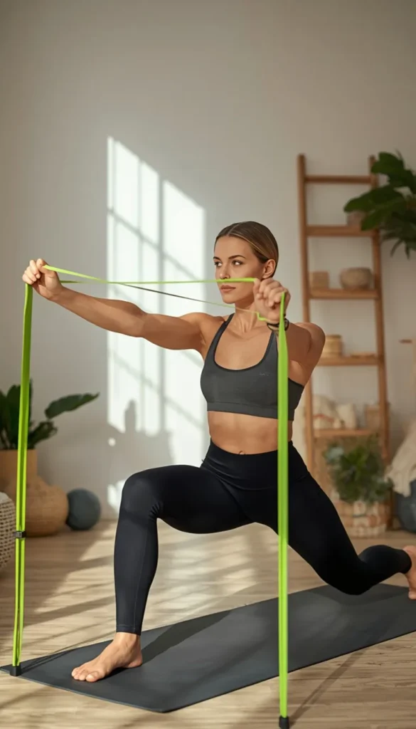 Realistic beginner using a long resistance band in a bright, modern home environment, with several band types subtly arranged nearby.