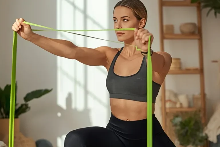 Realistic beginner using a long resistance band in a bright, modern home environment, with several band types subtly arranged nearby.