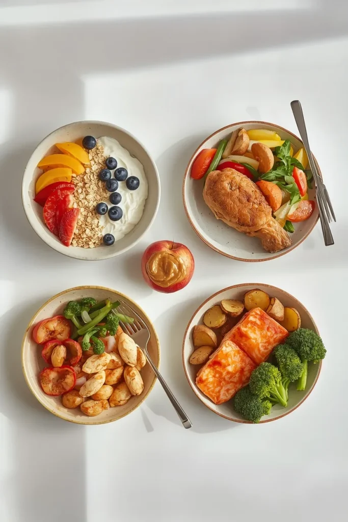 Realistic day of balanced healthy meals and snacks