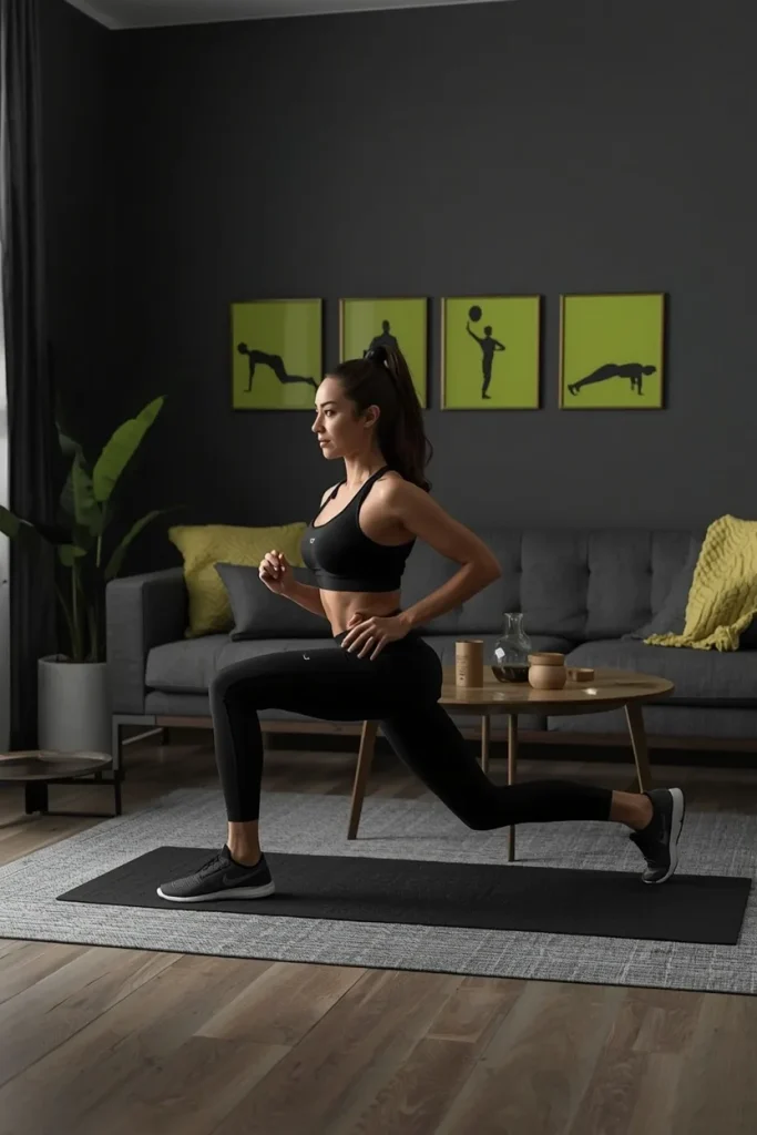 Relatable beginner performing a reverse lunge in a home setting as part of a no-equipment full-body workout progression.