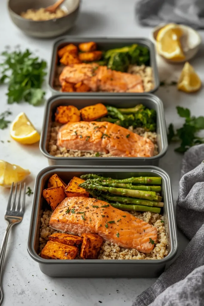 Salmon with roasted vegetables and quinoa meal prep