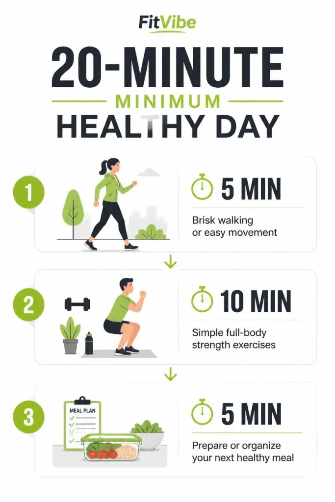Simple 20-minute minimum healthy day with movement, strength exercise, and meal preparation