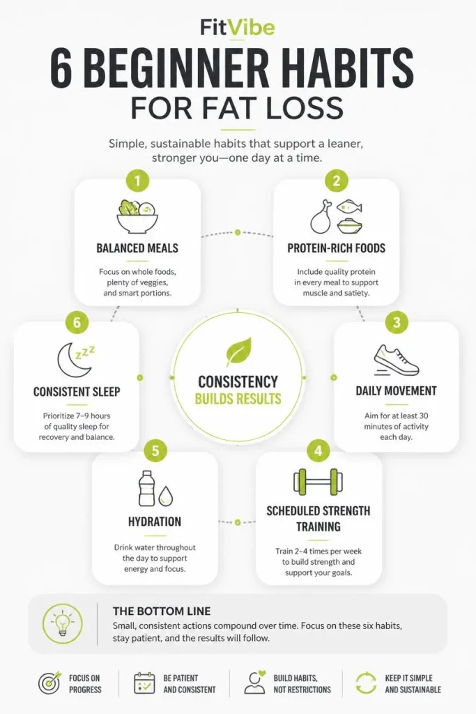 Six beginner fat-loss habits balanced meals, protein, movement, strength training, hydration, and sleep