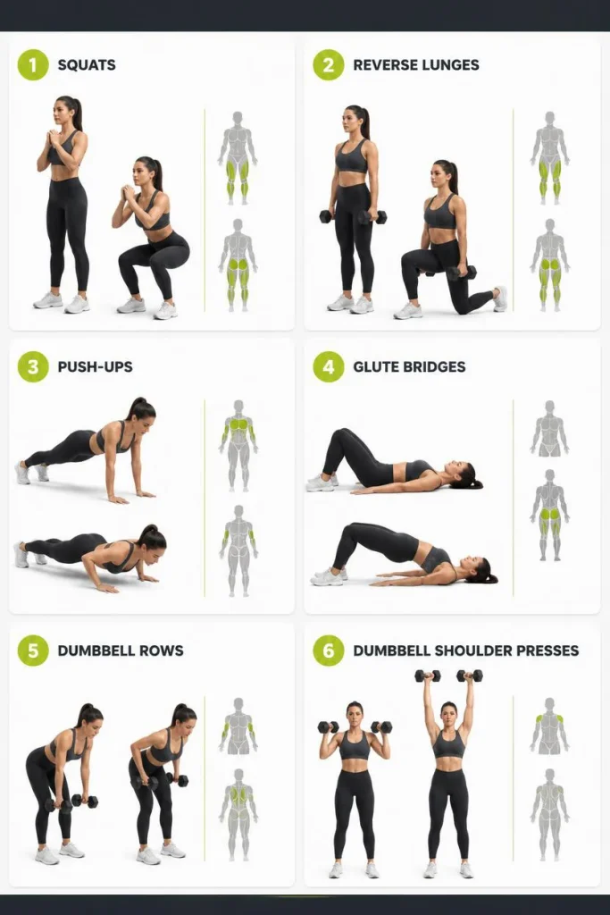 Six-exercise full-body workout circuit showing squats, reverse lunges, push-ups, glute bridges, dumbbell rows, and shoulder presses