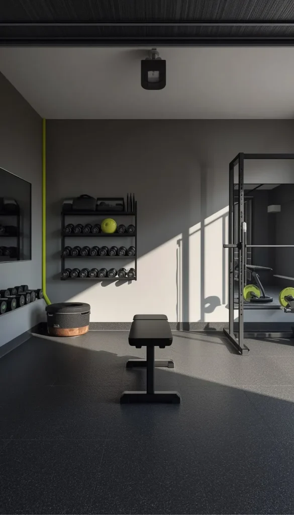 Sleek modern garage gym with black equipment, rubber flooring, wall storage, mirror, and an open workout area