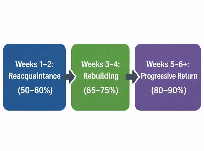 Three-phase progression chart for returning to exercise reacquaintance, rebuilding, and progressive return