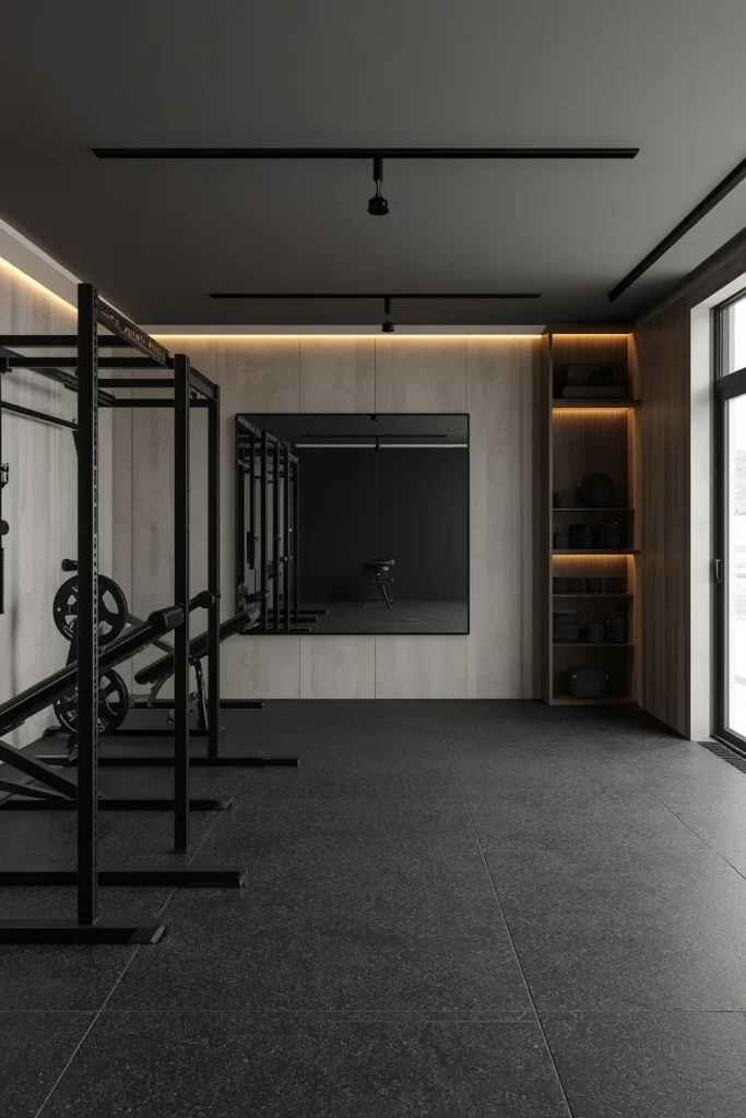 Timeless garage gym design with black equipment, neutral walls, dark flooring, mirror, organized storage, and open space
