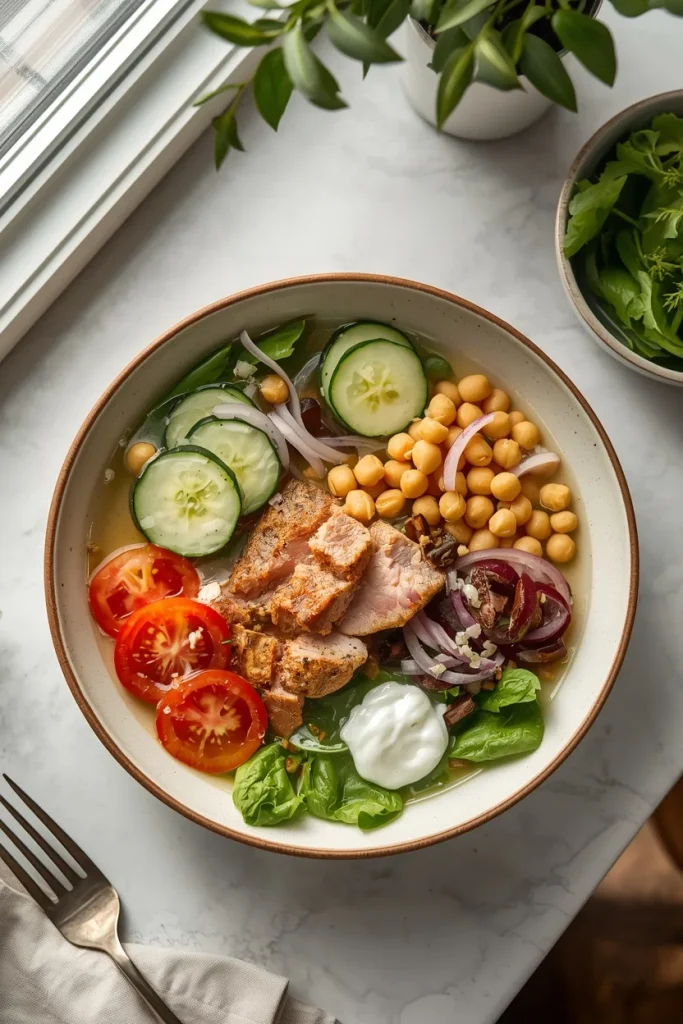 Tuna and chickpea protein salad with cucumber, tomatoes, greens and Greek yogurt dressing