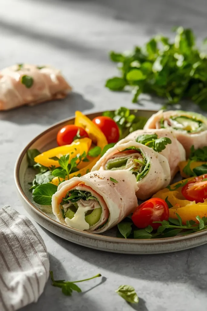 Turkey roll-ups filled with cucumber, avocado, spinach, and creamy cheese served with fresh vegetables and herbs