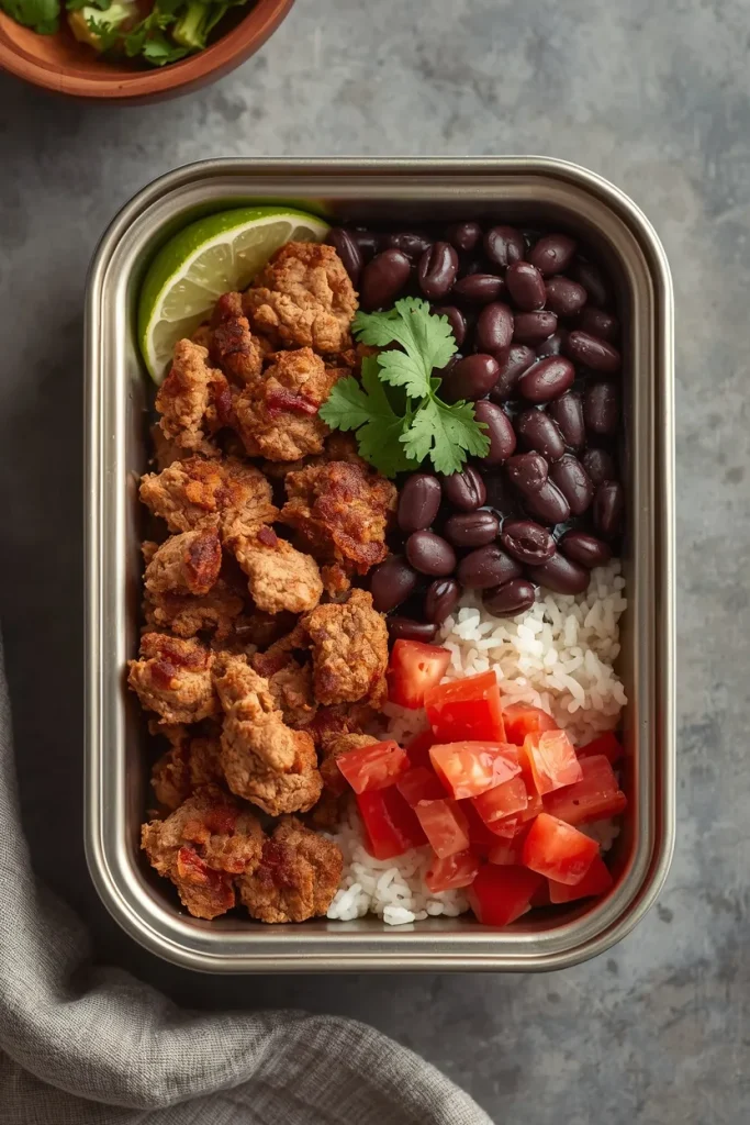 Turkey taco meal prep bowl with seasoned ground turkey, black beans, rice, and fresh tomato.