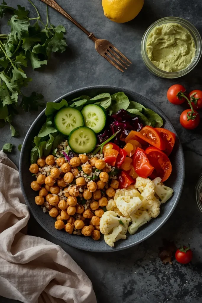 Vegetarian quinoa chickpea dinner with vegetables