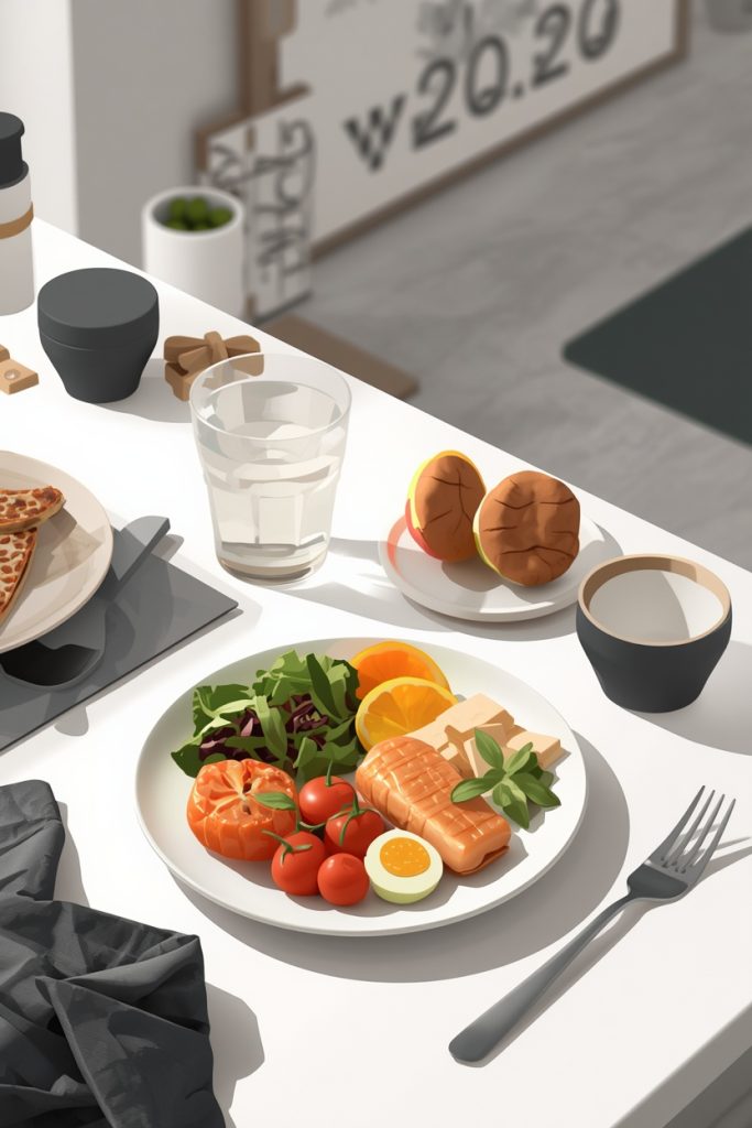 Weekly fat-loss routine combining strength training, walking, balanced meals, sleep, and recovery.