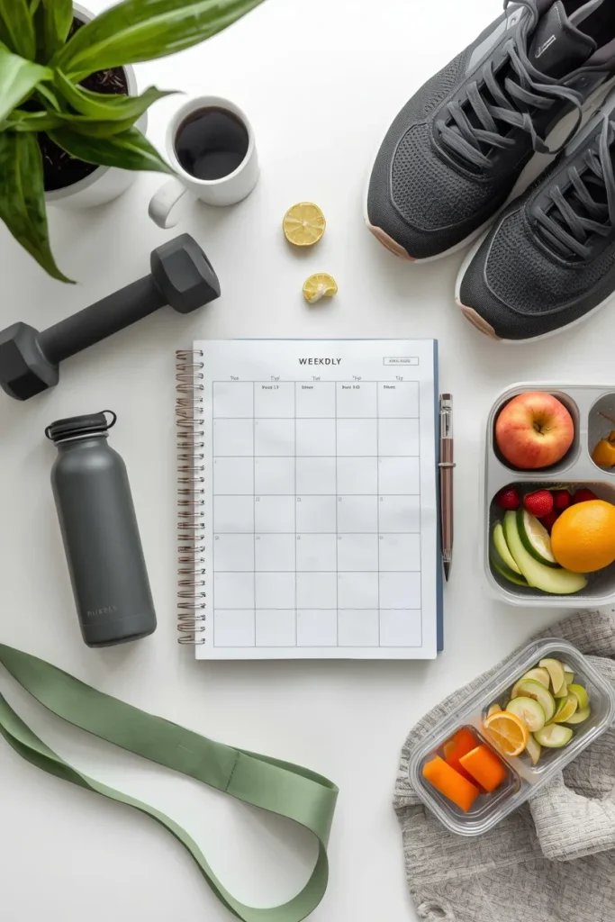 Weekly healthy routine combining meal preparation, walking, and strength training
