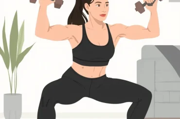 Woman performing a dumbbell squat during a 20-minute full-body home workout