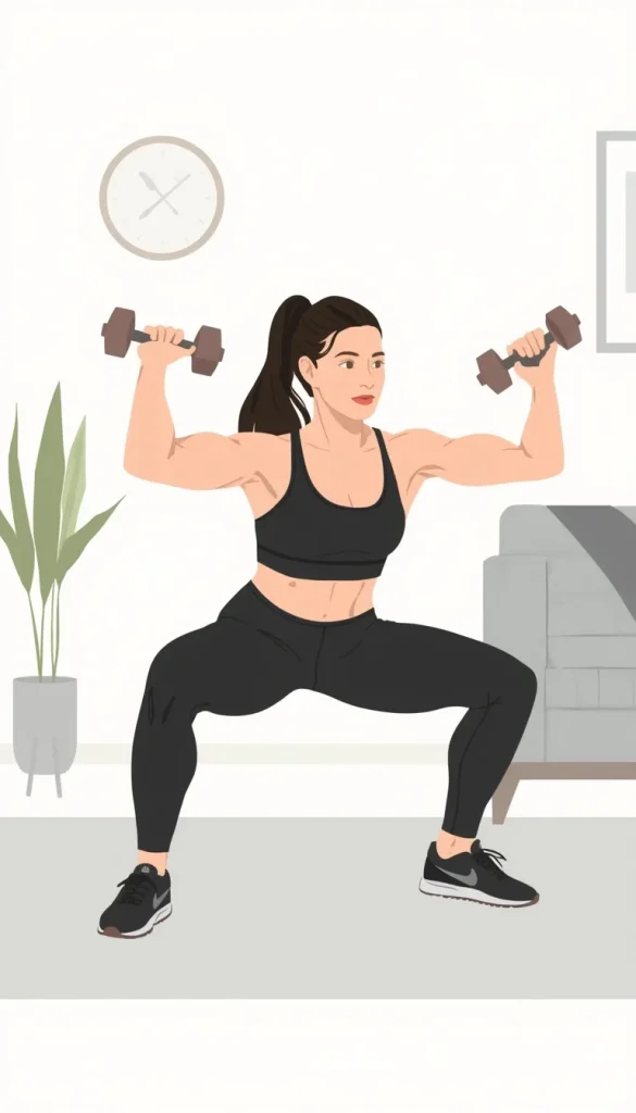 Woman performing a dumbbell squat during a 20-minute full-body home workout