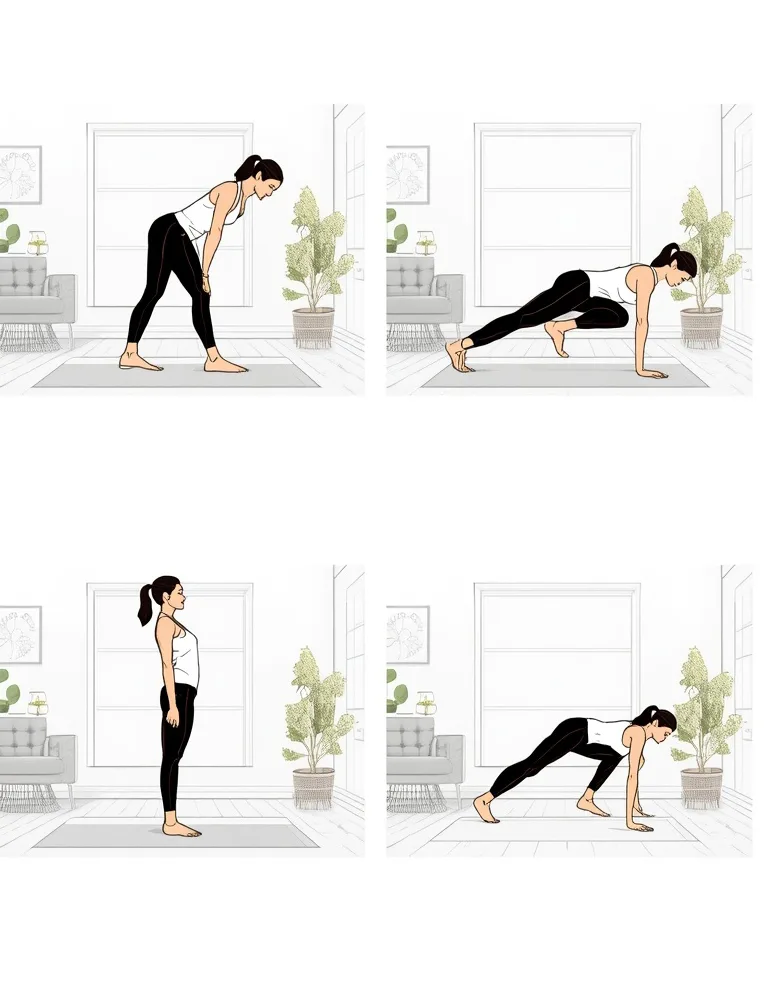 Four beginner home exercises showing a hip hinge, wall push-up, standing knee drive and bird dog
