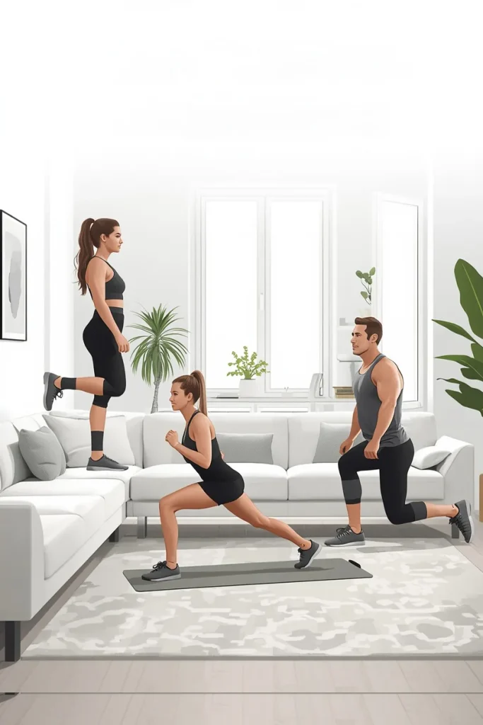 Beginner doing a home workout with visual cues for 10, 20 and 30-minute exercise routines