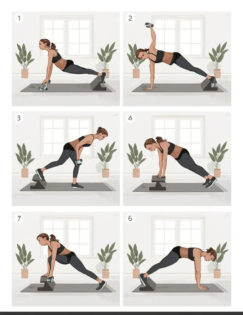 Beginner home workout showing goblet squats, incline push-ups, dumbbell rows, Romanian deadlifts, step-ups and side planks