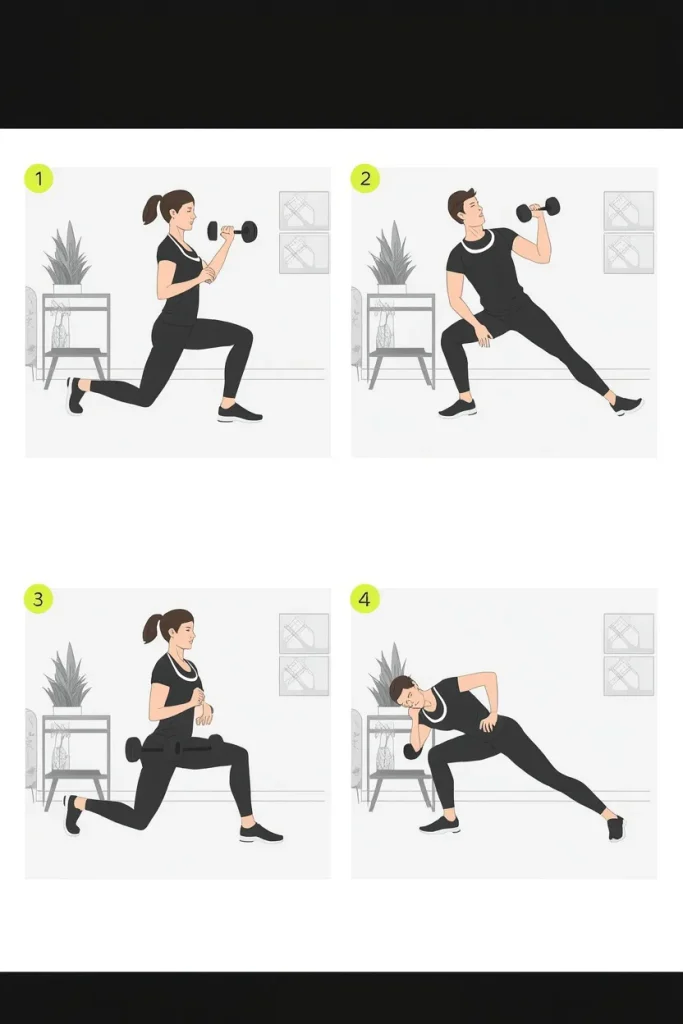 Beginner performing reverse lunges, dumbbell floor press, bent-over rows and glute bridge marches at home