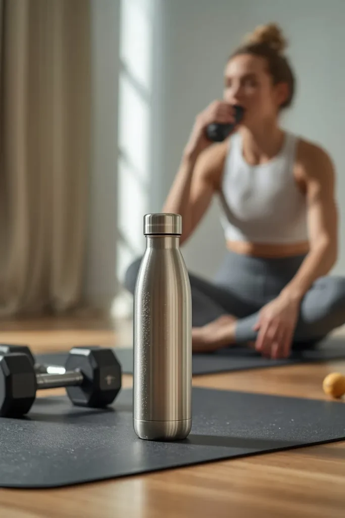 Reusable water bottle beside workout equipment in a modern home gym with an adult taking a hydration break.