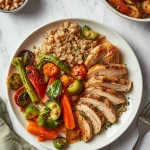 A large, balanced plate with protein, vegetables, and whole grains designed to support fullness during fat loss.