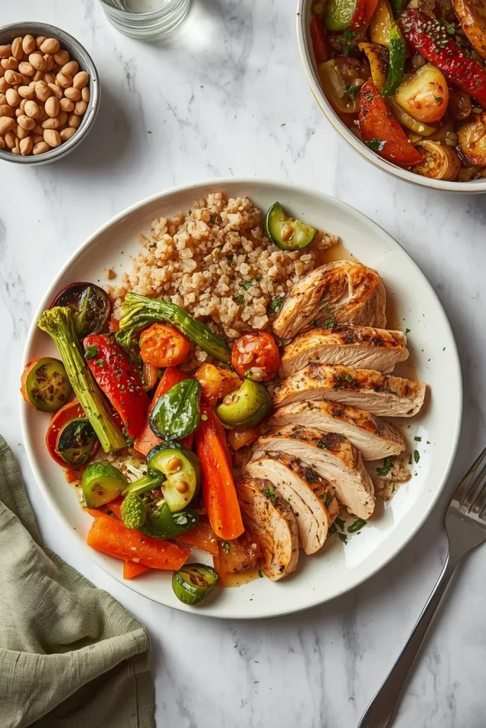 A large, balanced plate with protein, vegetables, and whole grains designed to support fullness during fat loss.