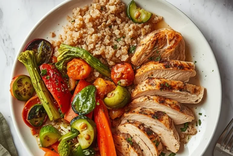 A large, balanced plate with protein, vegetables, and whole grains designed to support fullness during fat loss.