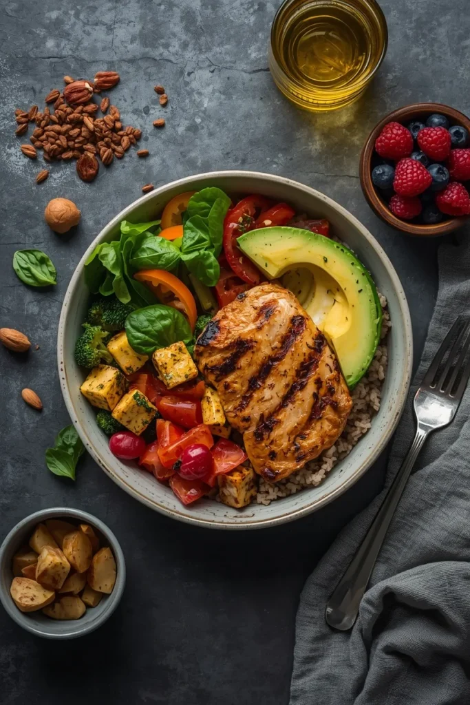 Balanced high-protein meal combining chicken, brown rice, vegetables and avocado with examples of protein, carbohydrates, fruits and healthy fats